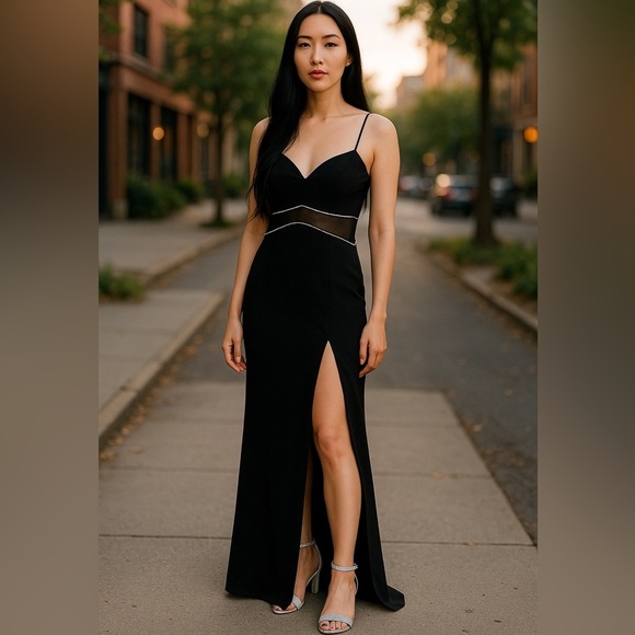Honey and Rosie Black Floor Length, Slit Front, Semi Sheer Peek a Boo Dress - Picture 1 of 4
